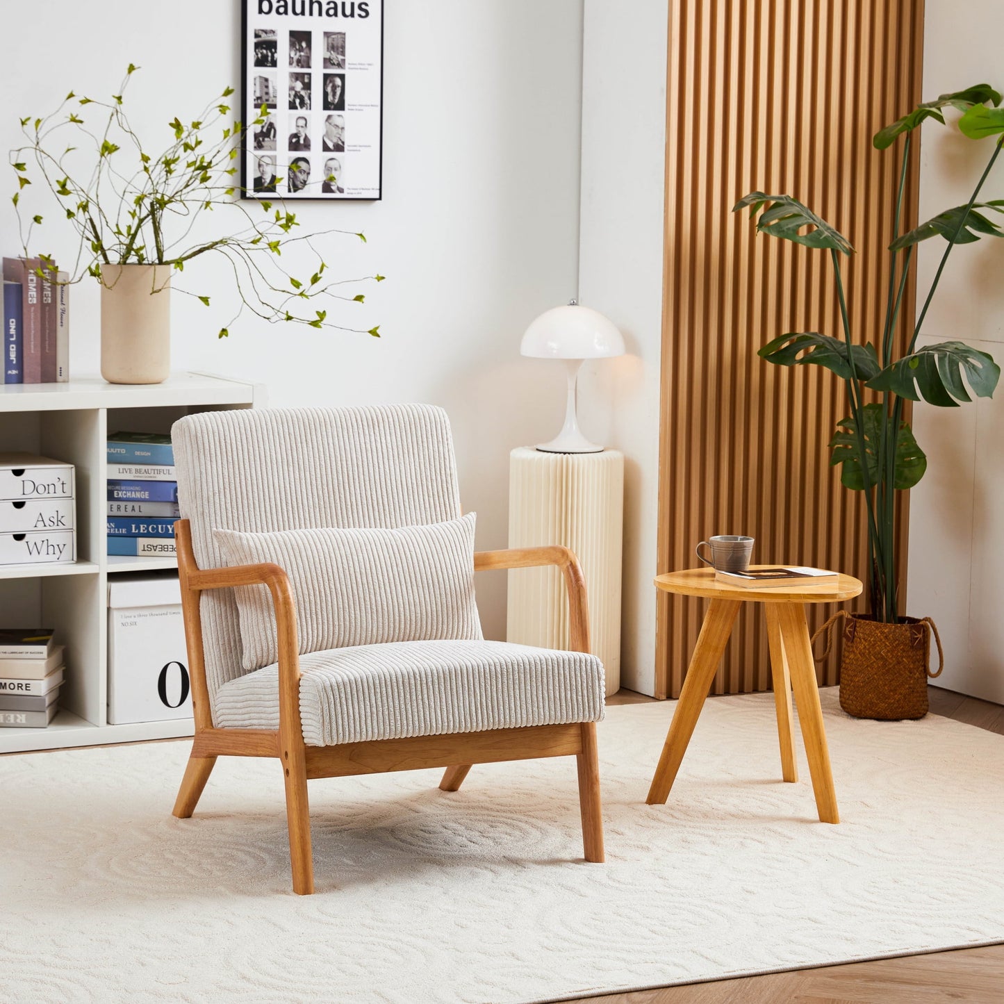 Leumius Modern Arm Chair Upholstered Reading Accent Chair with Pillow & Solid Wood Frame for Living Room Bedroom,Beige 02