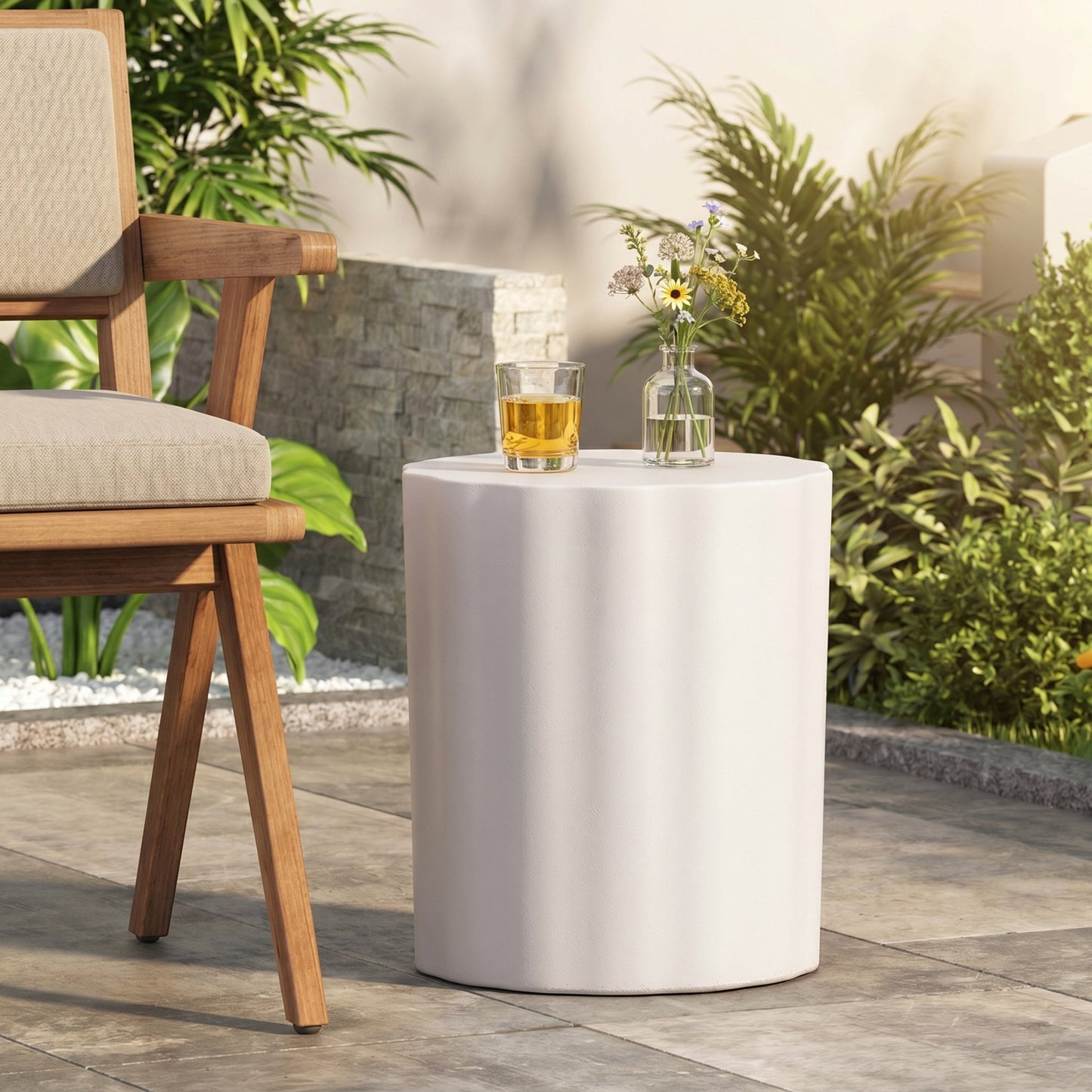 Lightweight Concrete Outdoor Side Table with Fluted Cylindrical Design, Modern End Table and Accent Table for Patio and Garden, Antique White