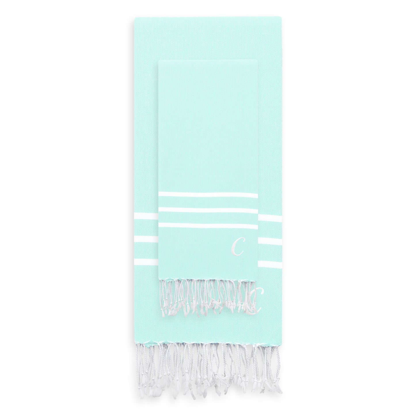 Linum Home Authentic Ella Soft Aqua Monogrammed Pestemal Fouta Turkish Cotton Beach and Head Towel Set (Set of 2) C