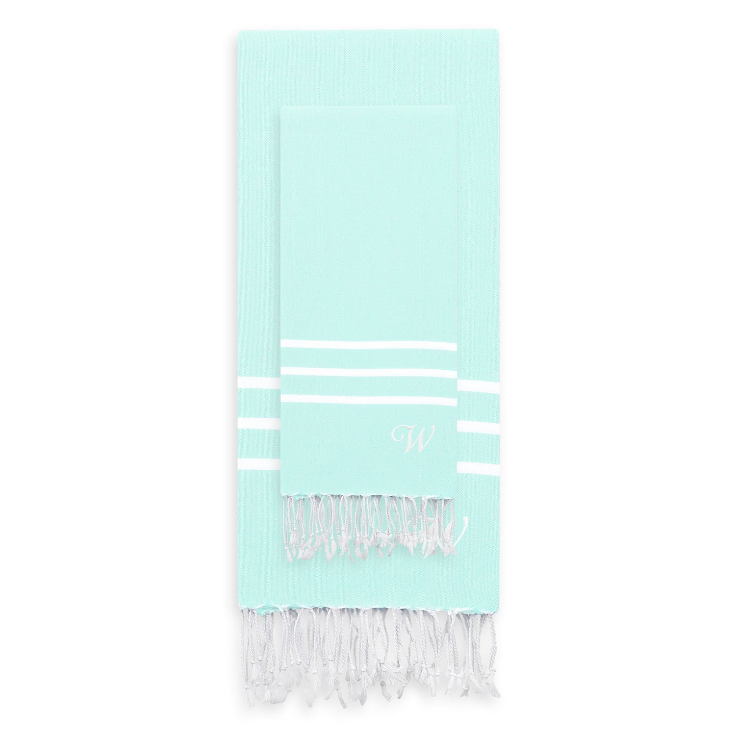 Linum Home Authentic Ella Soft Aqua Monogrammed Pestemal Fouta Turkish Cotton Beach and Head Towel Set (Set of 2) W