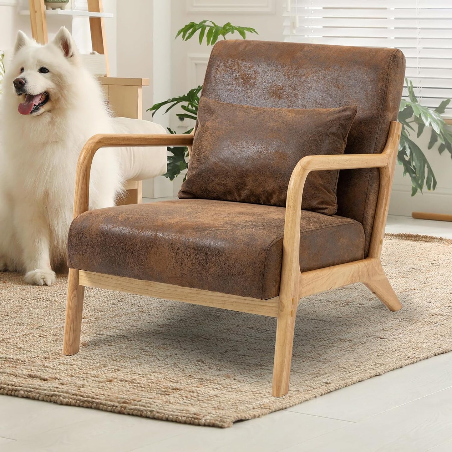 MOONMISS Silla Decorativa Moderna de Mediados de Siglo, Silla con Brazos de Tela de Terciopelo con Estructura de Madera y Almohada, Sillón Tapizado Cómodo Silla de Lectura Silla Lounge para Sala de Estar Dormitorio Solárium, Marrón