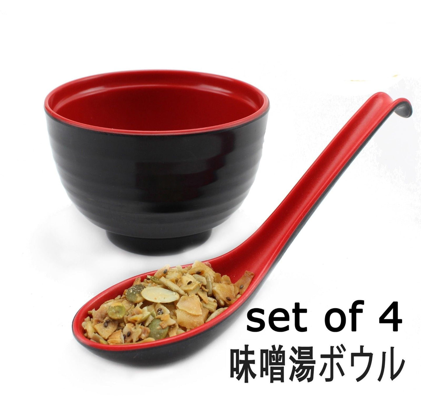 味噌湯ボウル Melamine Plastic Noodle Miso Soup Bowls with Spoons Red Black, Set of 4