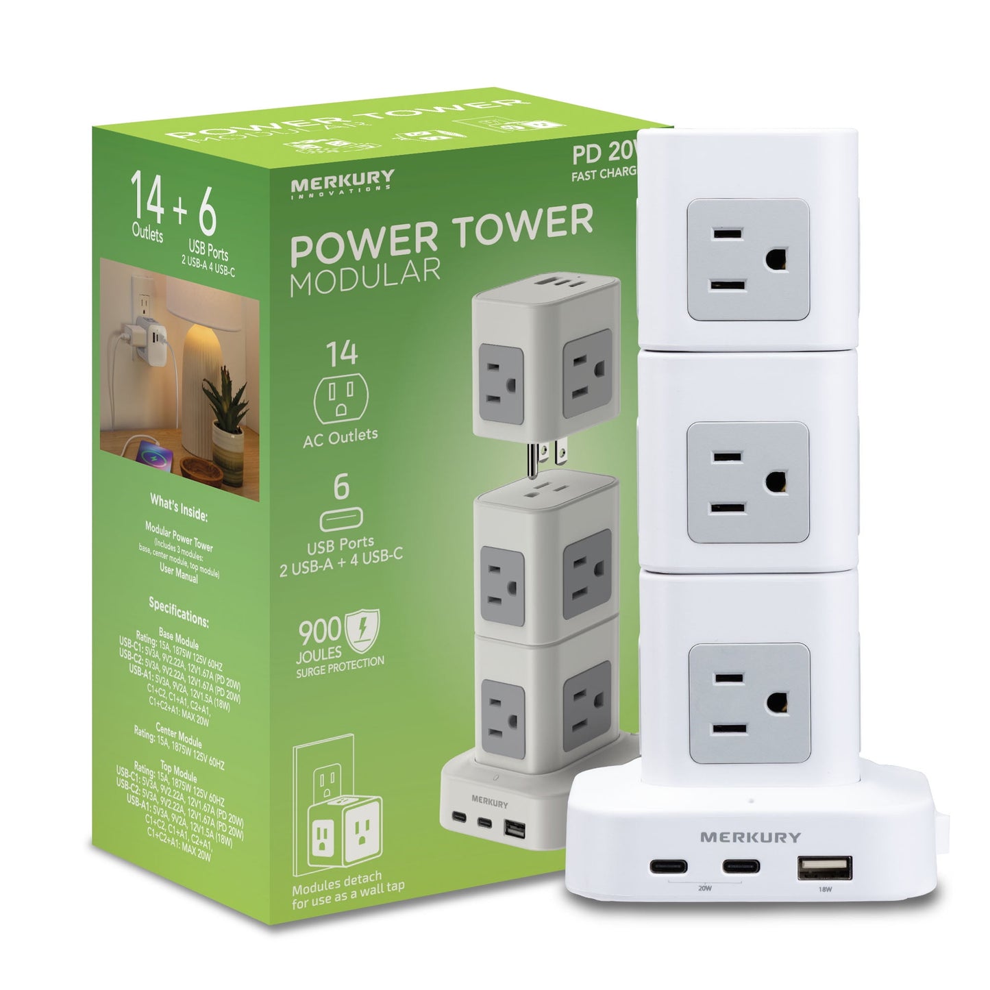 Merkury Innovations Torre de EnergÃa Modular, 14 Tomacorrientes AC, 6 USB-A, 4 USB-C PD 20W, Protector contra Sobretensiones, Cable de 4 Ft, Blanco