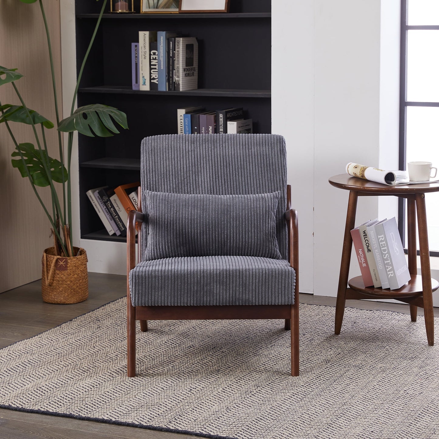 Mid-Century Modern Accent Chair,Arm Chair with Solid Wood Frame,Reading Chair with Pillow Upholstered,for Living Room Bedroom Sunroom(Dark Grey+Brown)