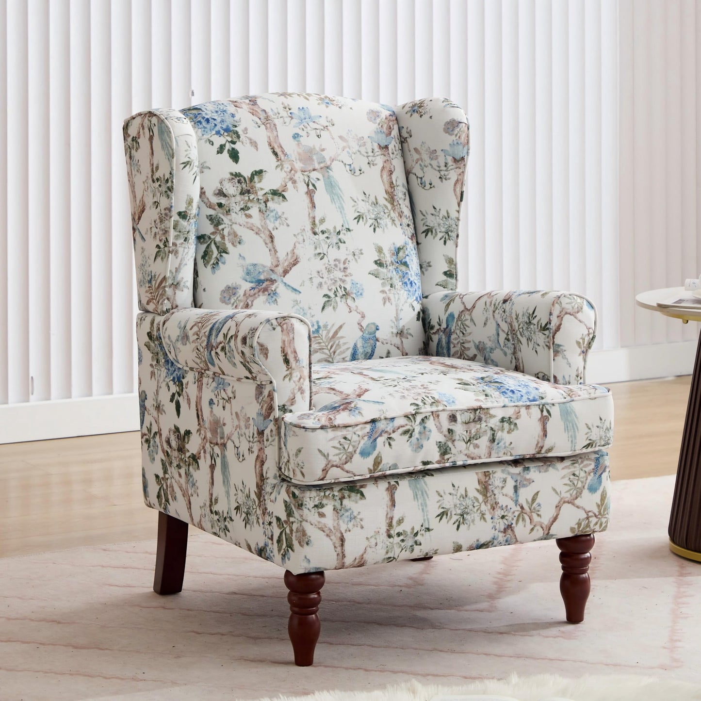 Modern Accent Chair with Wood Legs,Retro Upholstered Armchair Single Sofa Chair Reading Accent Chair for Living Room Bedroom Office,Floral Blue Bird