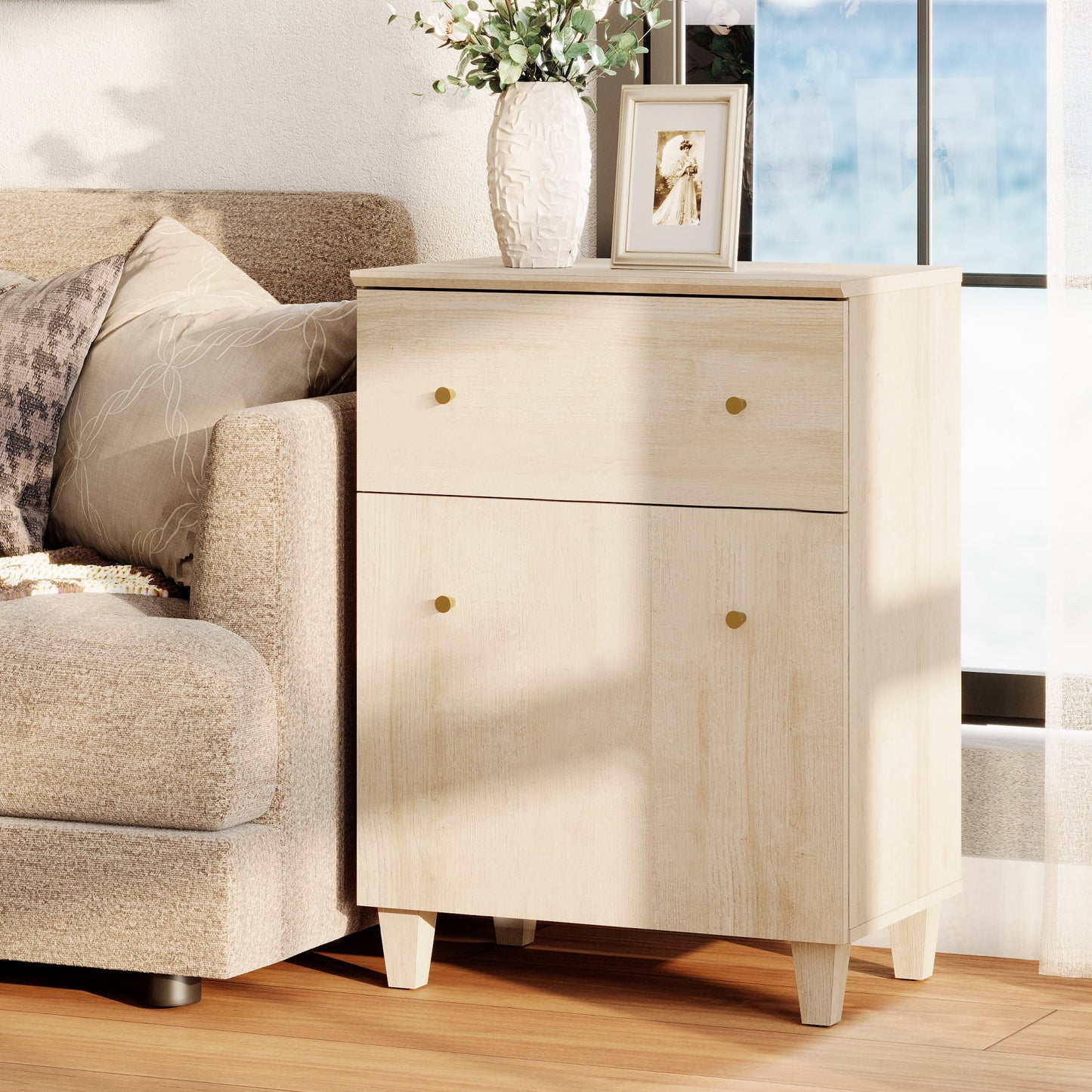 Modern End Table with Drawer and Cabinet, Large Side Table with Adjustable Storage Shelf, Wooden Nightstand for Living Room, Light Oak