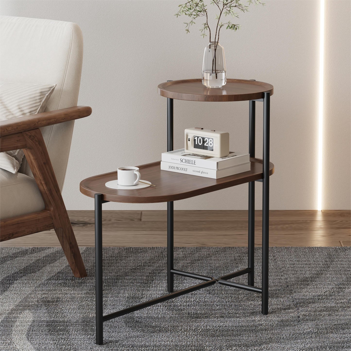 Mesa Auxiliar de Sofá Moderna, Mesa de Centro Pequeña, Mesita de Noche con Estante de Almacenamiento de Madera para Sala de Estar, Marrón