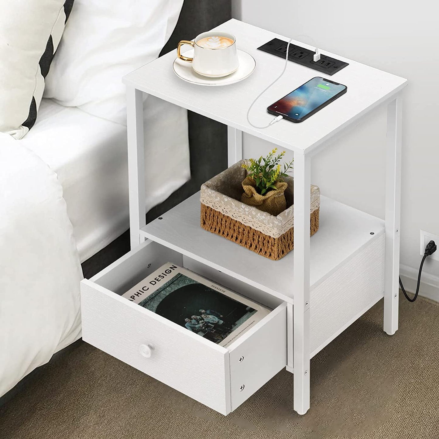 Nightstand Bottom Wood Drawer with Chargers White