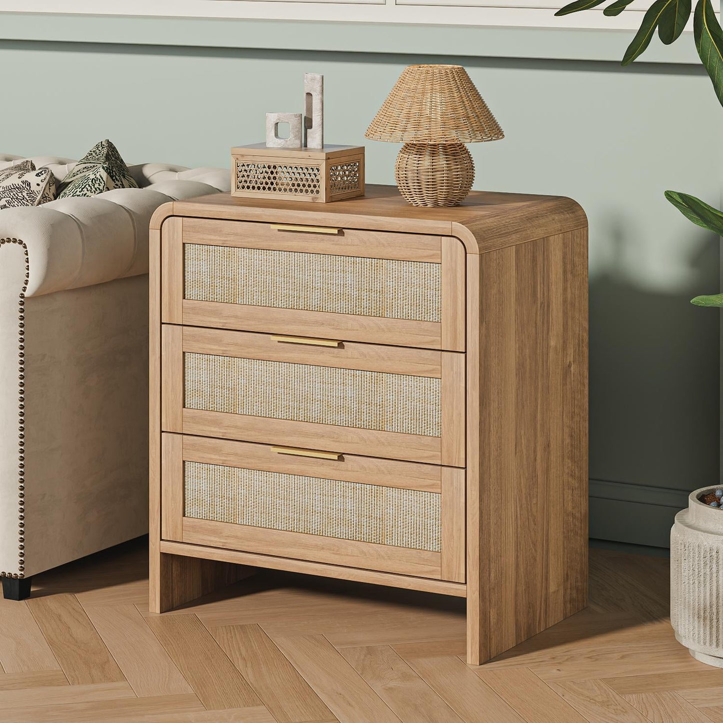 Nightstands, Bedside Tables, Rattan Nightstand with 3 Drawers, Curved Wooden Design, Gold Accented Handles, Compact Size Bedside Storage for Small Bedroom Apartment, Caramel Oak