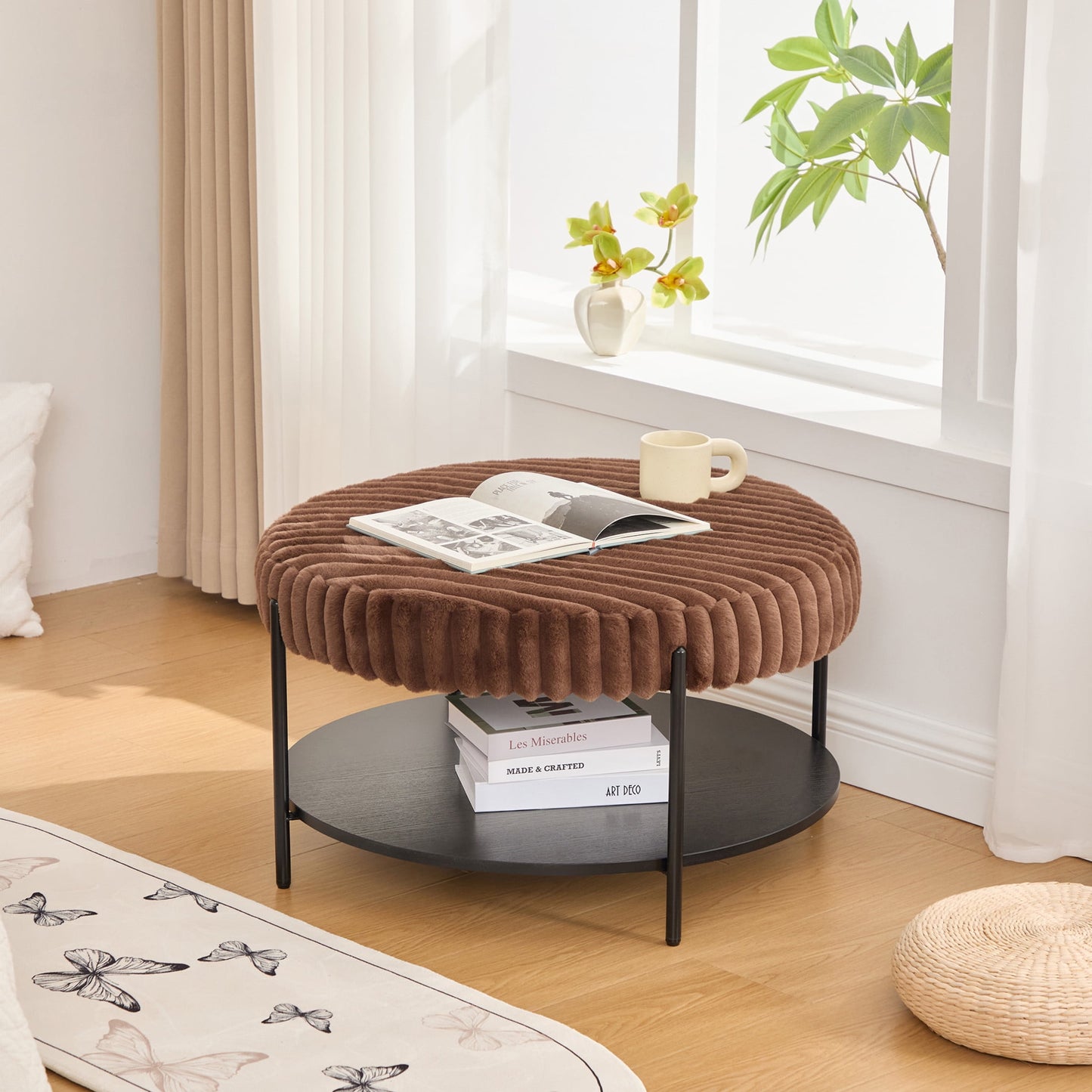Noble House Camlyn 30.9" Faux Fur Round Ottoman Coffee Table, Footrest with Black Metal Legs & Storage Shelf, Brown