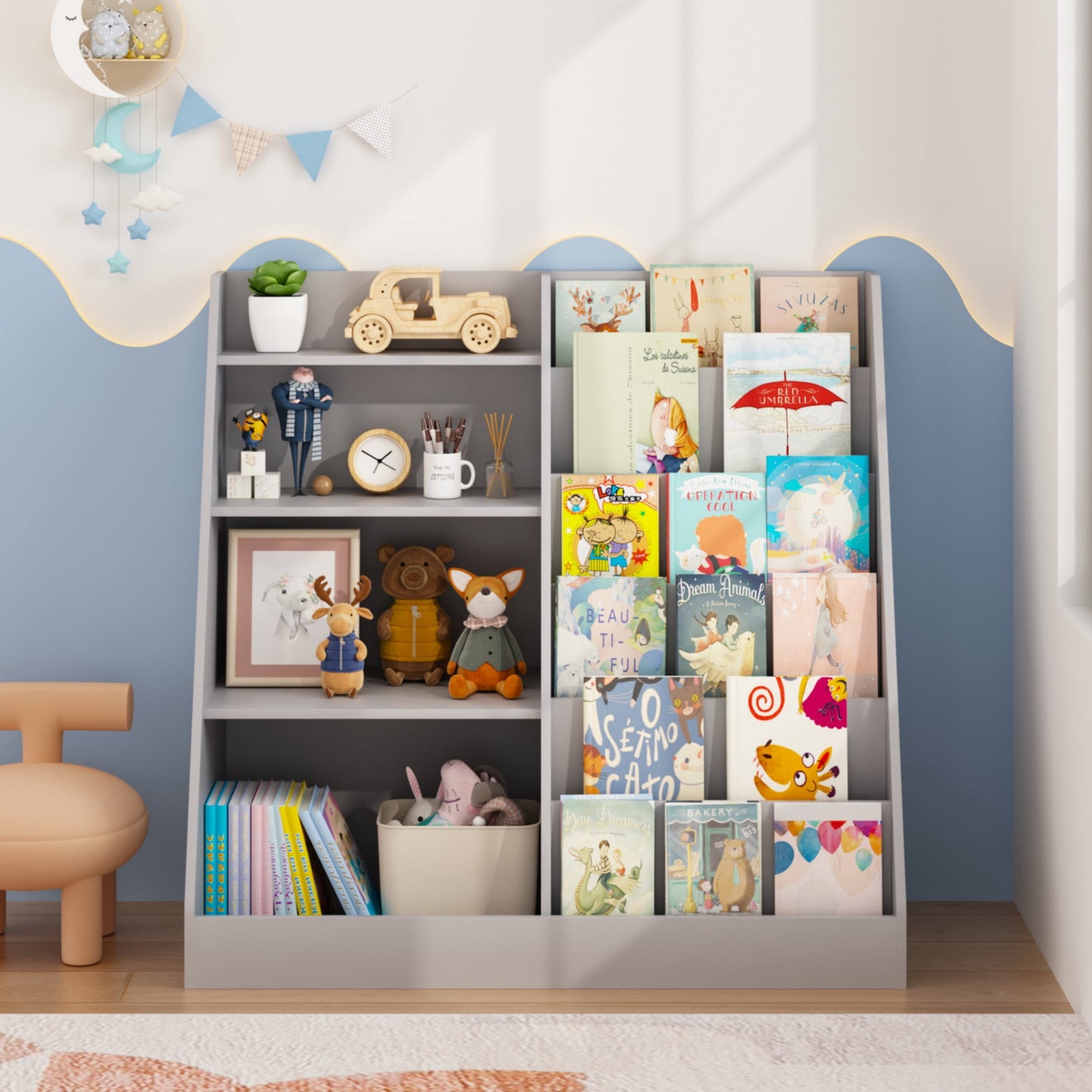 Noble House Kids Bookshelf and Toy Storage Organizer, 4-Tier Wooden Bookcase for Nursery, Playroom, Gray