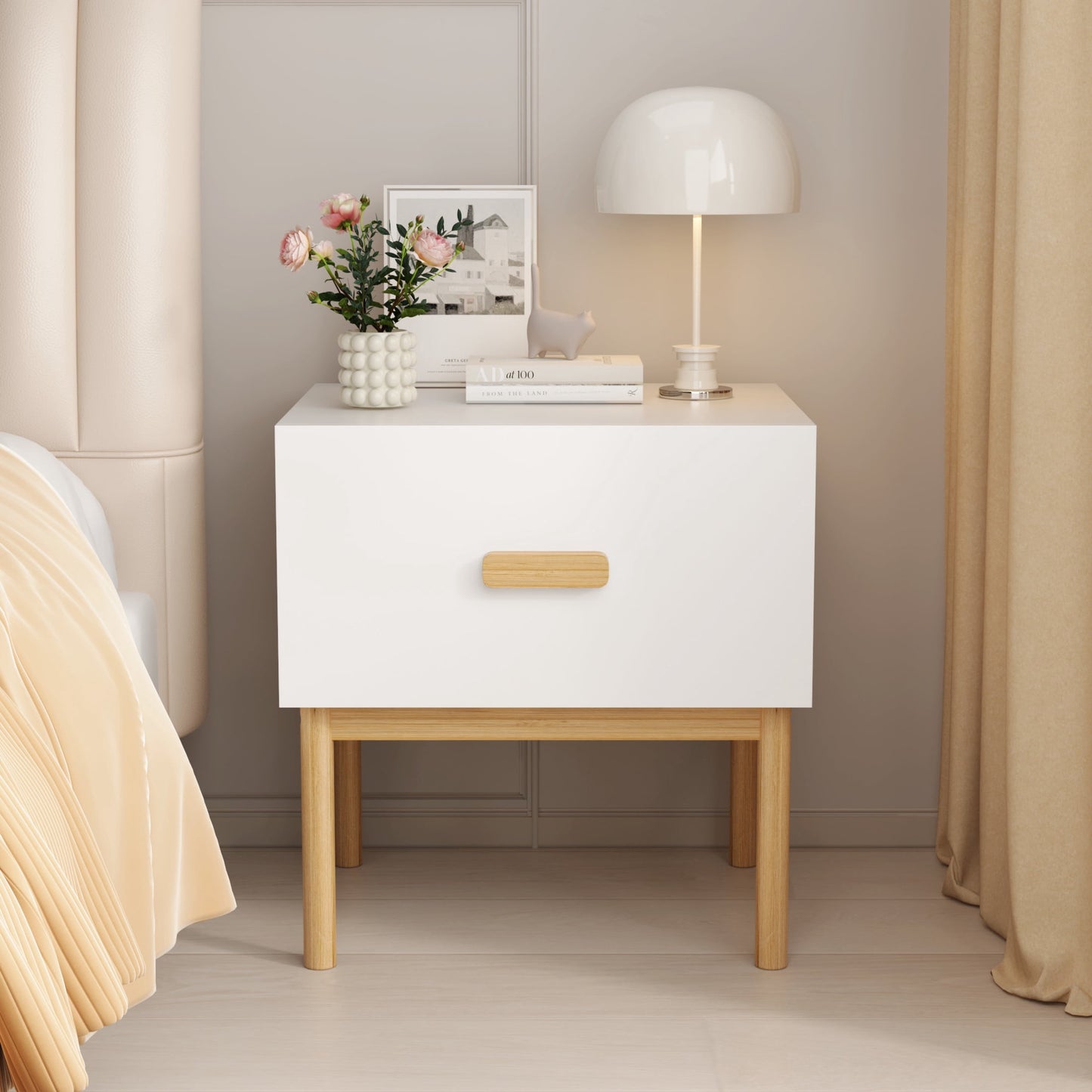 Noble House Modern Nightstand with Drawer, Minimalist Bedside Table with Pine Wood Legs, for Bedroom, Apartment, White