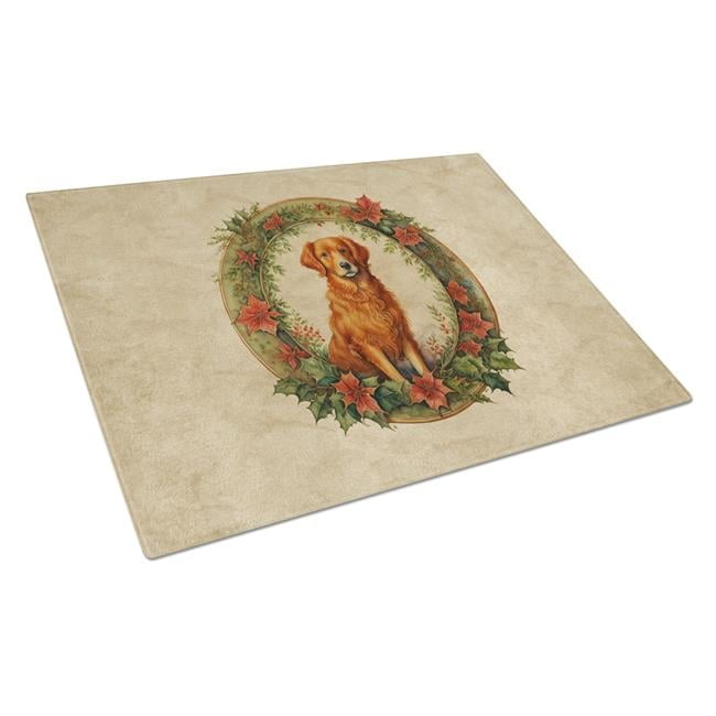 Nova Scotia Duck Tolling Retriever Christmas Flowers Glass Cutting Board 12 in x 15 in