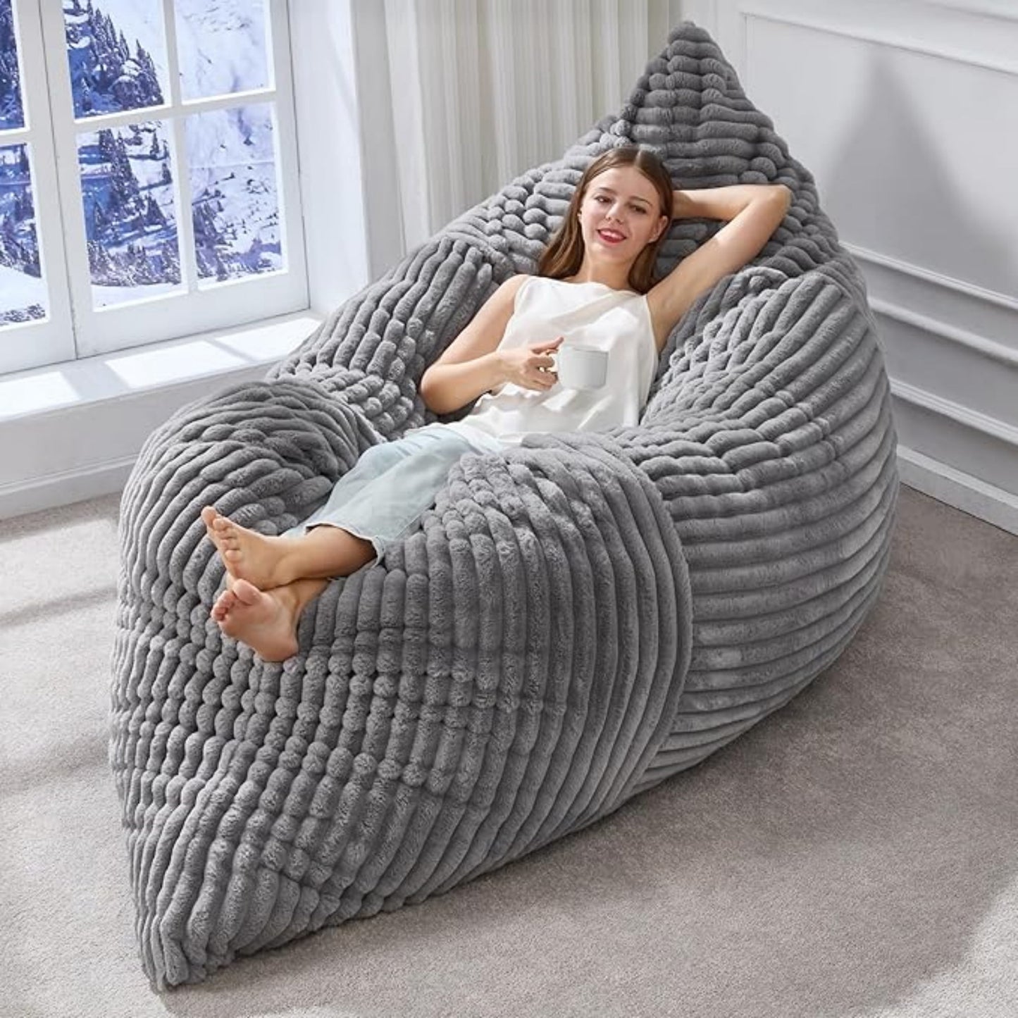 Oversized Striped Bean Bag Chair, Large Floor Lounger with Machine-Washable Corduroy Cover, Full-Body Relaxation Sofa for Home Theater, Living Room, Light Grey