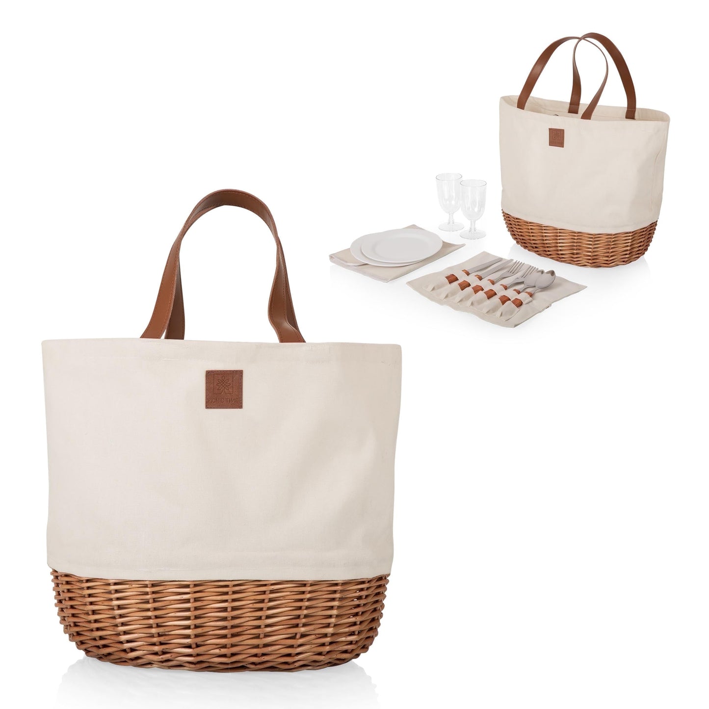 Picnic Time Promenade Picnic Canasta para 2, Elegante Bolso Tote de Lona con Base de Mimbre Tejida a Mano y Asas de Cuero Sintético, Lona Beige