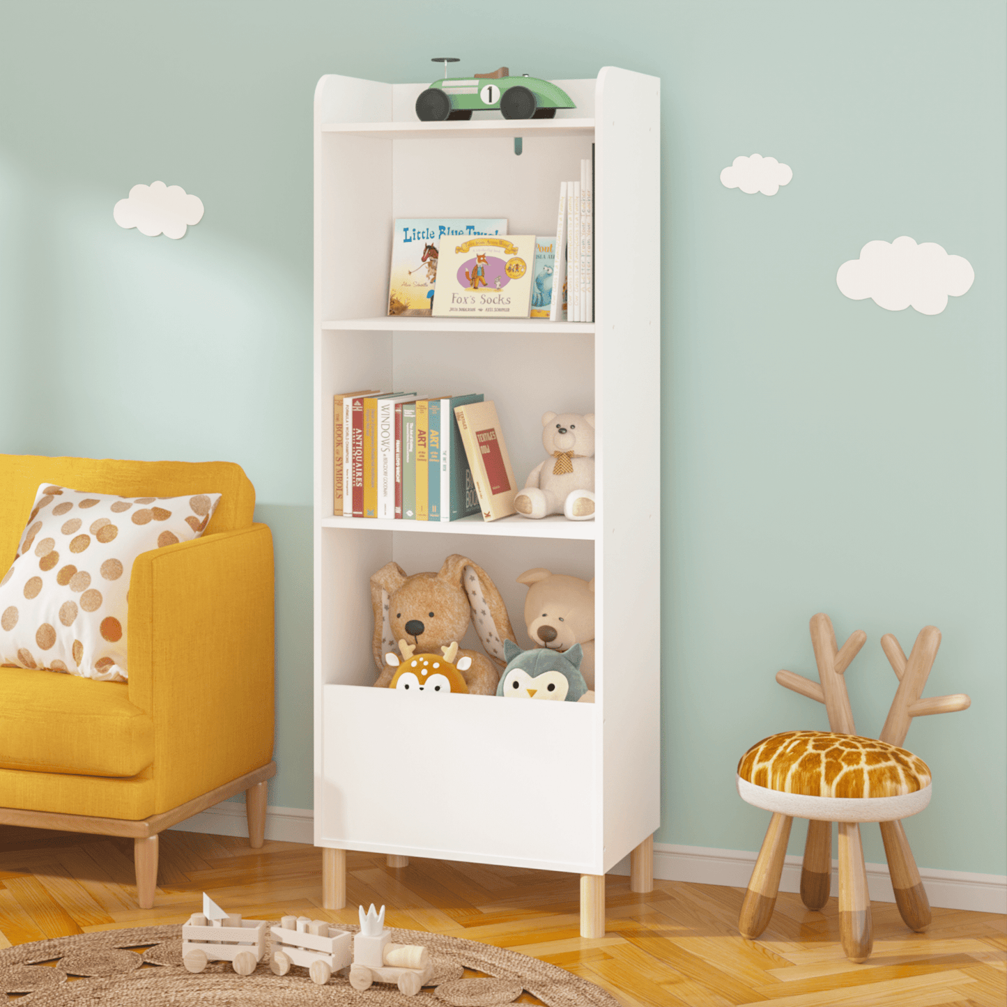 PORKISS EstanterÃa de 4 Niveles para Niños, Librero de Madera para Niños con Almacenamiento de Juguetes, Organizador Moderno de Juguetes para Dormitorio, Sala de Juegos, GuarderÃa, Blanco