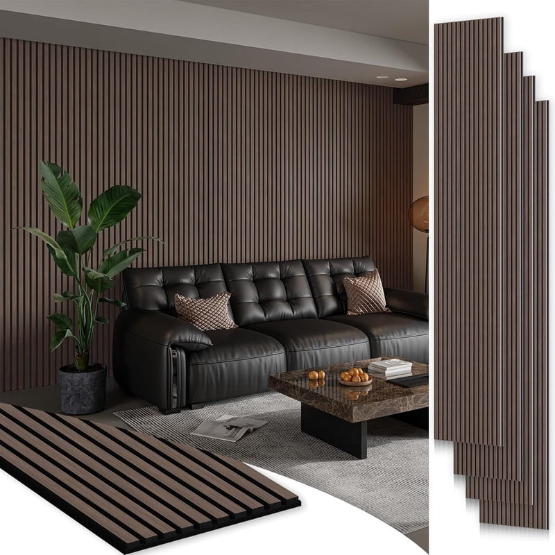 Plank & Hue 4Pcs 106"x12.6" Soundproof Wood Slat Panels Acoustic Wall and Ceiling Panels, Dark Walnut