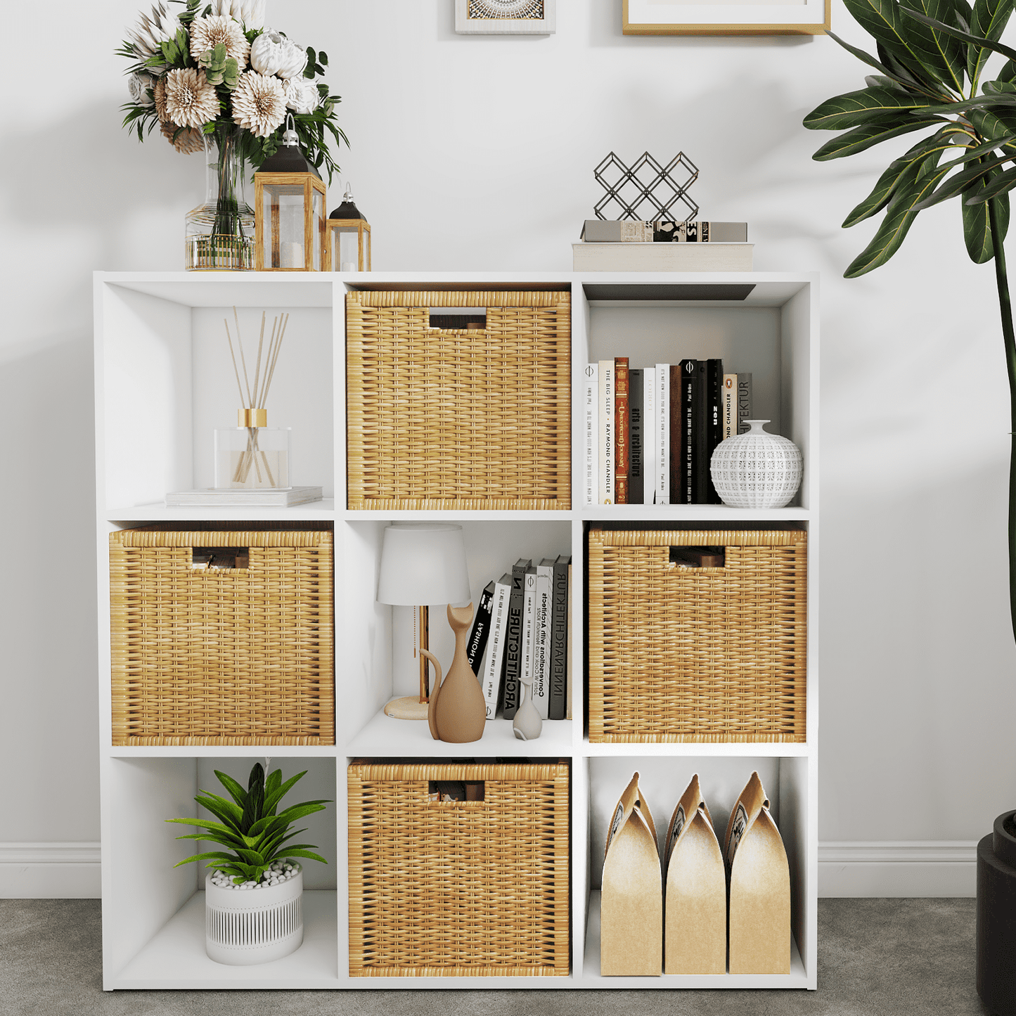 Prilinex 9-Cube Storage Organizer - Open Storage Shelf Fits Cubby Bins, Stackable Square Cubicle Bookshelf Cabinet ,Wood Cube Shelf for Home Office Organization Toy Clothes, White
