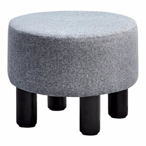 Round Linen Ottoman Foot Stool – Padded Footrest with Non-Skid Pine Legs, Soft Step Stool for Couch, Desk, Dorm, Office, Hallway Dark Grey