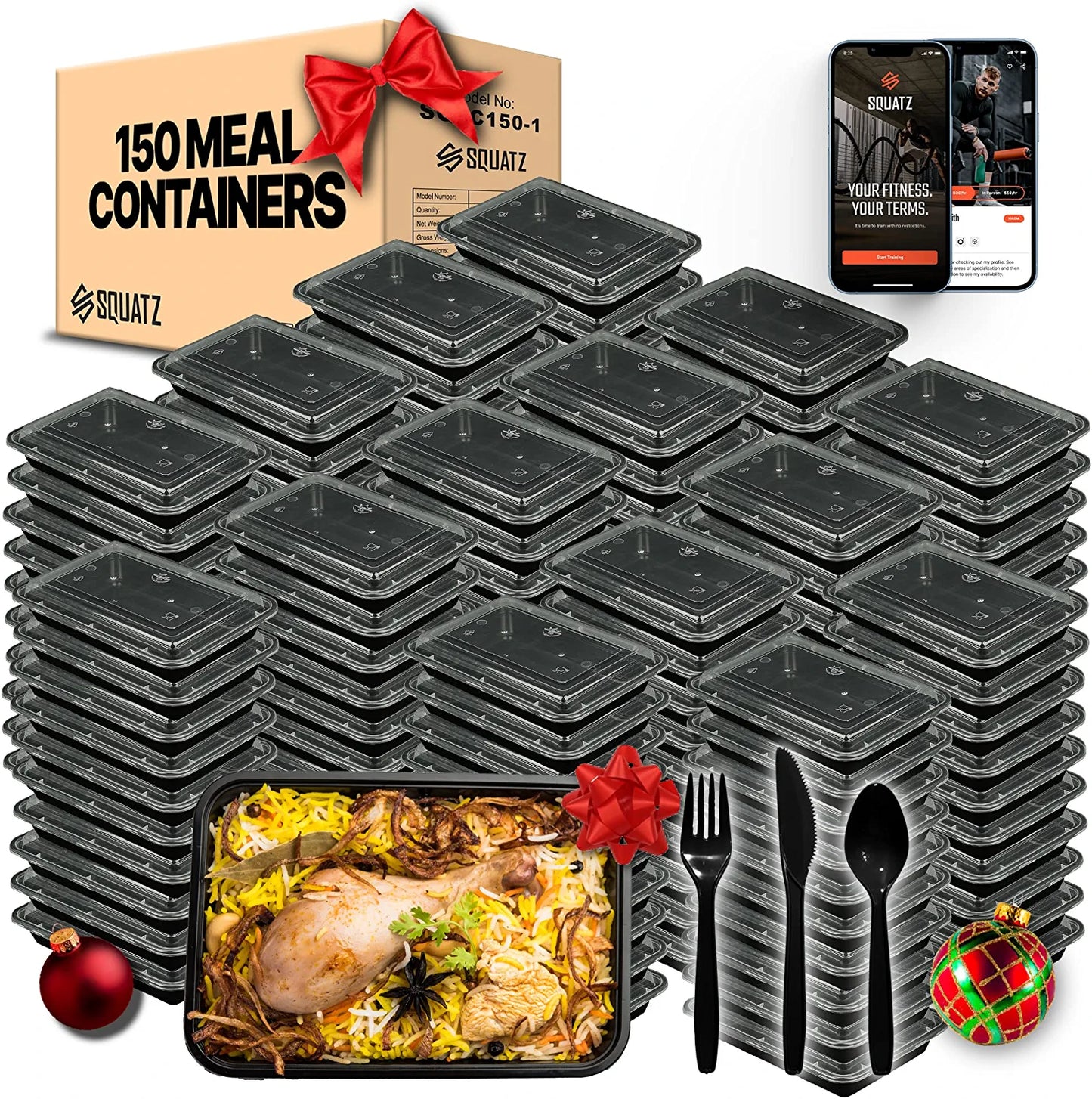 SQUATZ 150 Meal Prep Containers with Lids for Adults - 33oz, Microwave Safe, Reusable Food Storage, Freezer Safe, Leak-Free Lunch Container - Includes Utensils - SQFC150-1