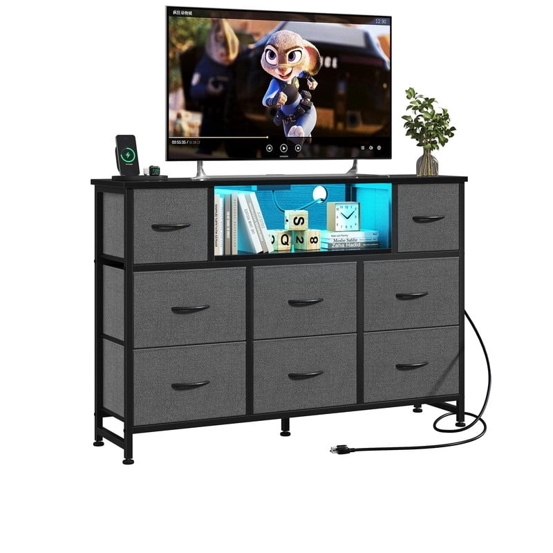 Simple Deluxe TV Stand Dresser with 8 Fabric Drawers, Open Shelves, LED Lights, Charging Station, Wood Top for 45-55 in TVs, Gray