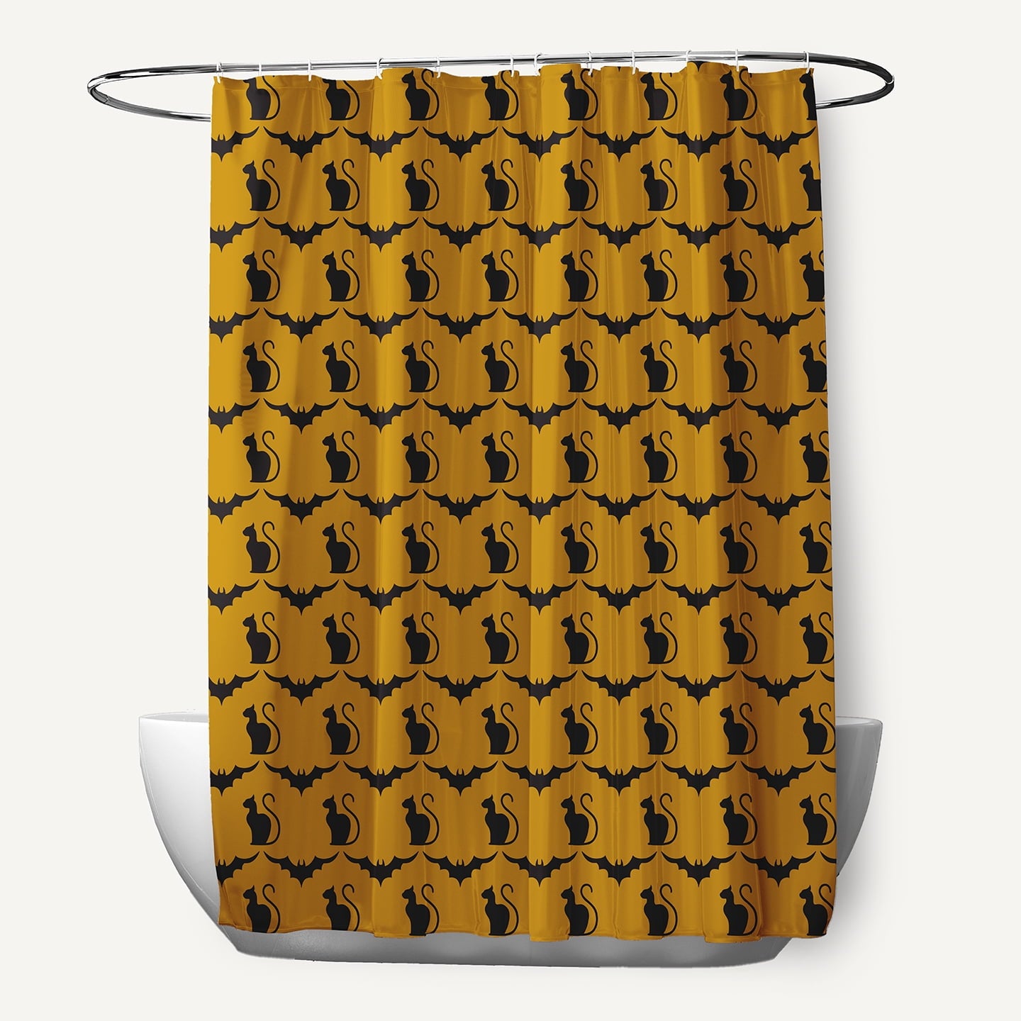 Simply Daisy Halloween Autumn Gold Cats and Bats Polyester Shower Curtain, 70 in. W x 73 in. H