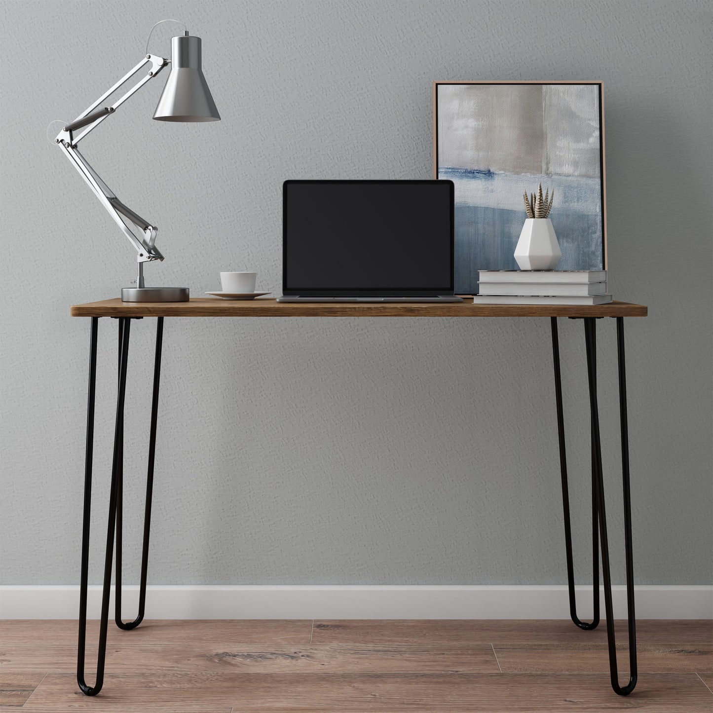 Lavish Home Desk with Hairpin Legs, Modern Industrial Style Home Décor, Woodgrain-Look and Steel Accent Home Office Furniture, Brown