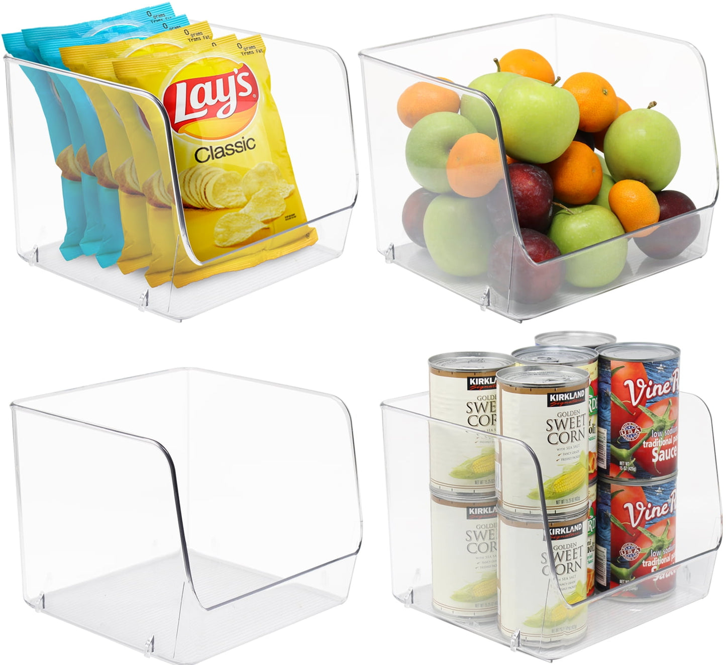 Sorbus Cajas de Almacenamiento de Plástico Abiertas, Organizador de Despensa Transparente, Contenedores para Organizar Cocina, Refrigerador, Alimentos, Snacks, Gabinete de Despensa, Frutas, Verduras, Suministros de Baño (Paquete de 4)