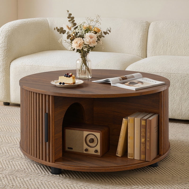 Spruce & Spring 31.5" Round Lift-Top Coffee Table with Storage, Fluted Drum Table with Sliding Door & Curved Pet Opening, Mid-Century Modern Wood Coffee Table for Living Room and Small Spaces, Walnut