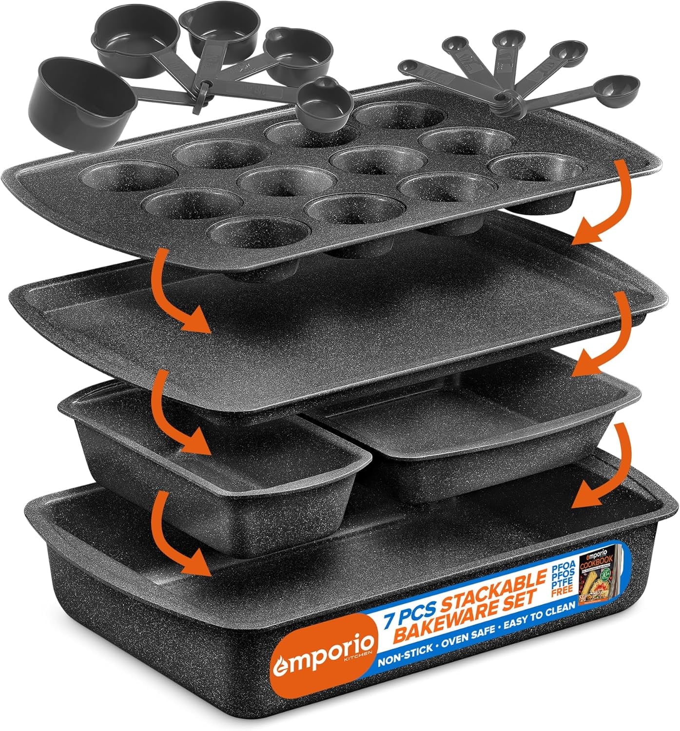 Stackable Baking Pan Set - Deluxe Nonstick White Marble Coating, Carbon Steel Bakeware Set, Recipe Booklet Included, Oven Safe (Up to 450° F), Set of 7 - Gray Marble