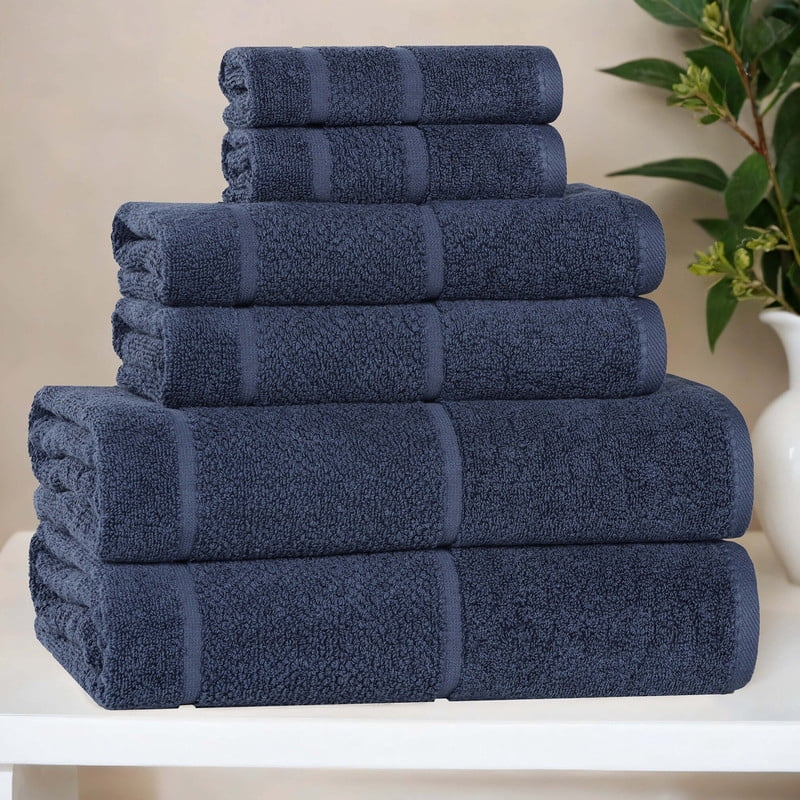 Superior Mile Smart Twist Cotton Medium Weight 6 Piece Towel Set, Ultra Absorbant Towels, Navy Blue