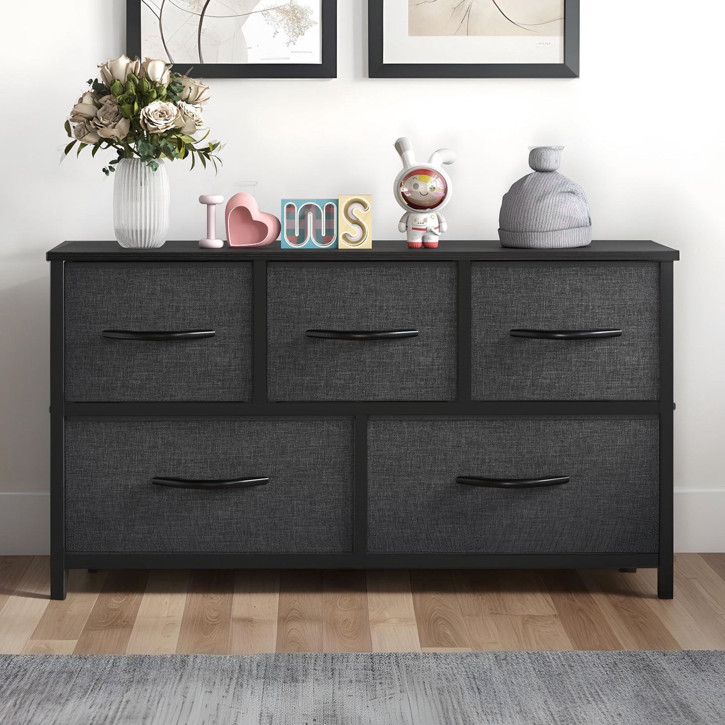 Uforic 5 Drawer Dresser Fabric, Wide Chest Of Drawers With Wood Top for Living Room,,Hallway,Black