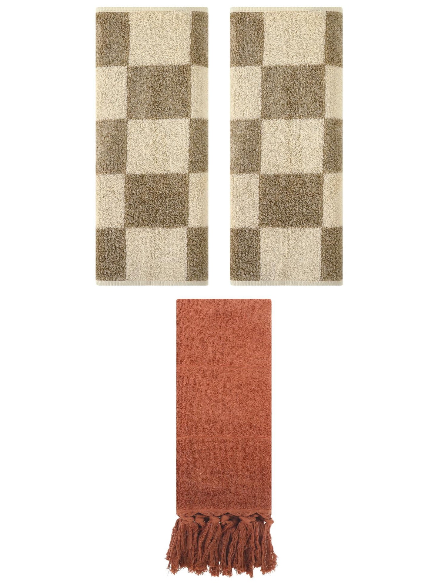 Unique Bargains 3 Pack Checkered Tassels Hand Towel Brown 14"x30"/14"x28"