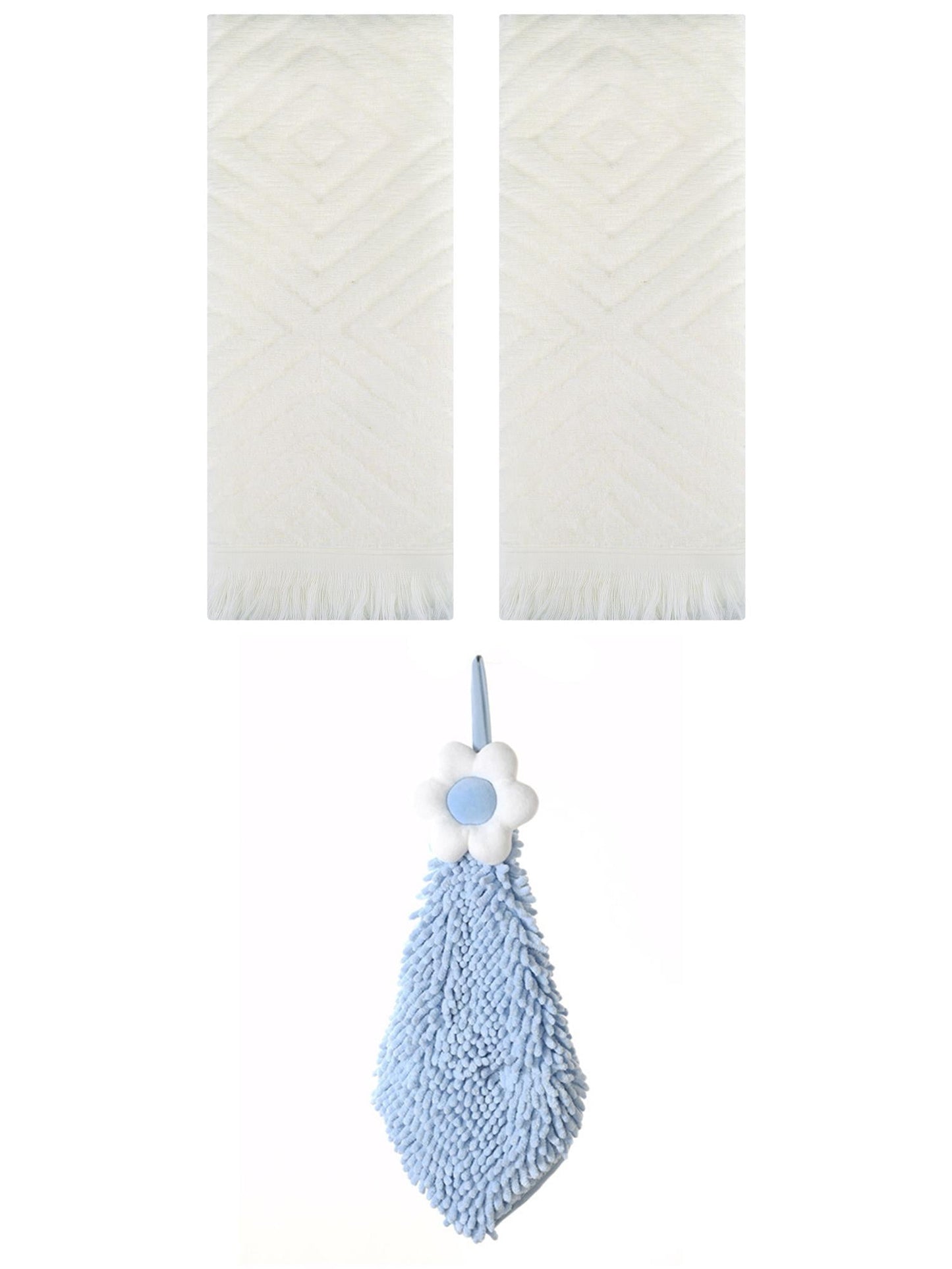 Unique Bargains 3 Pcs Geometric Soft Hand Towels Beige/Blue-2 13" x 29"/6" x 15"