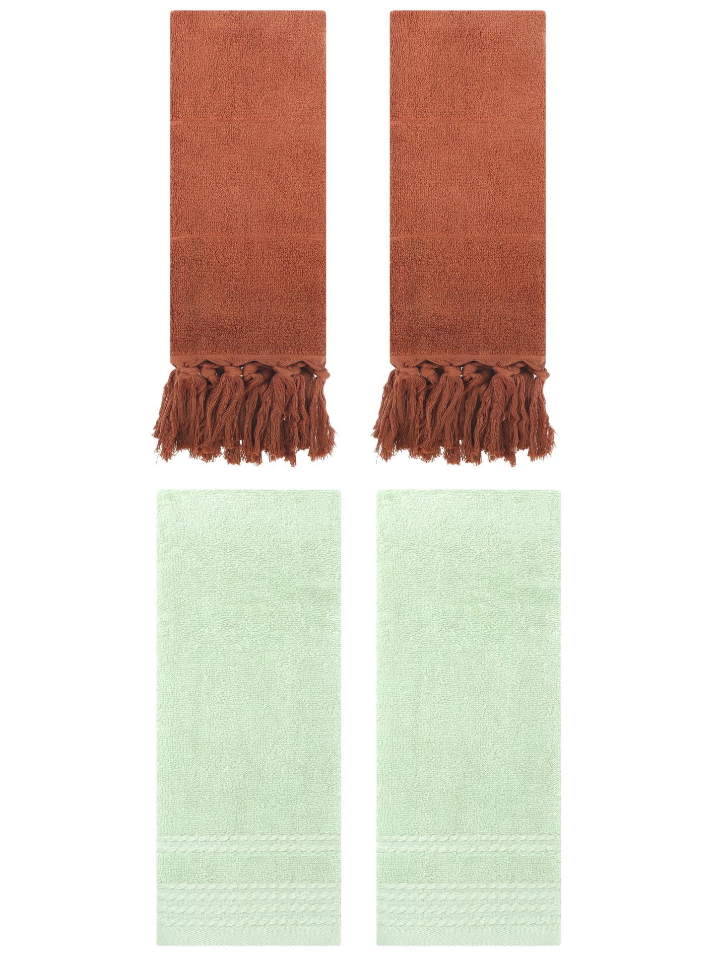 Unique Bargains 4 Packs Striped Tassels Hand Towels 14" x 30" Brown/Green
