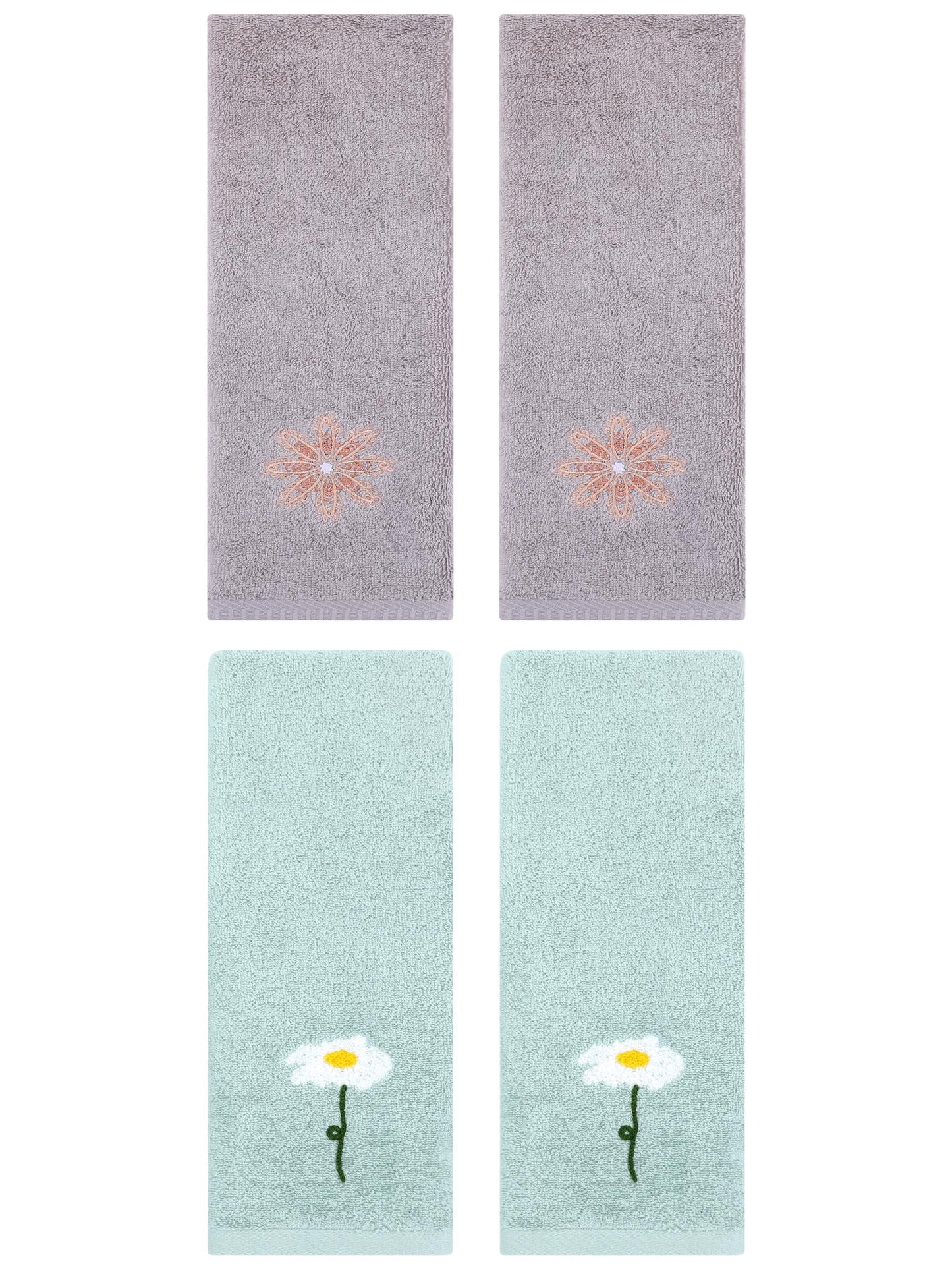 Unique Bargains 4 Pcs Cotton Floral Hand Towel 13" x 30" Blue/Light Grey