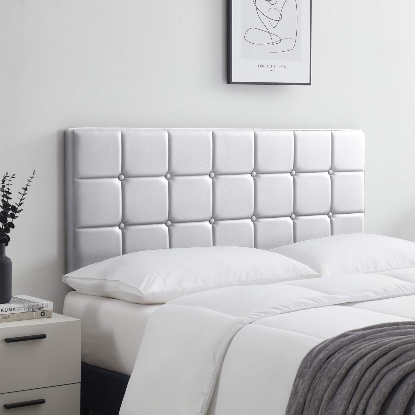 LammaLoe Faux Leather Button Square Tufted Twin Headboard with Adjustable Height, White, Twin