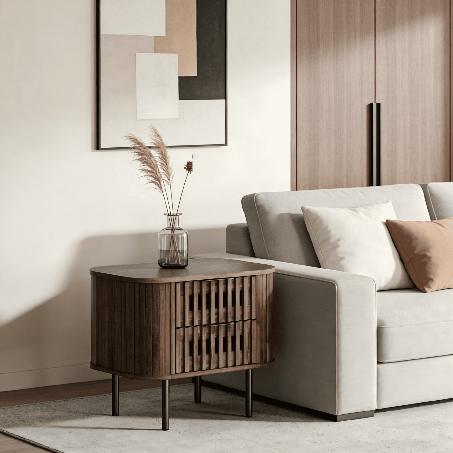 WAMPAT Fluted End Table with 2 Drawers, Modern Storage Nightstand for Living Room & Bedroom, Wooden Side Table, Walnut