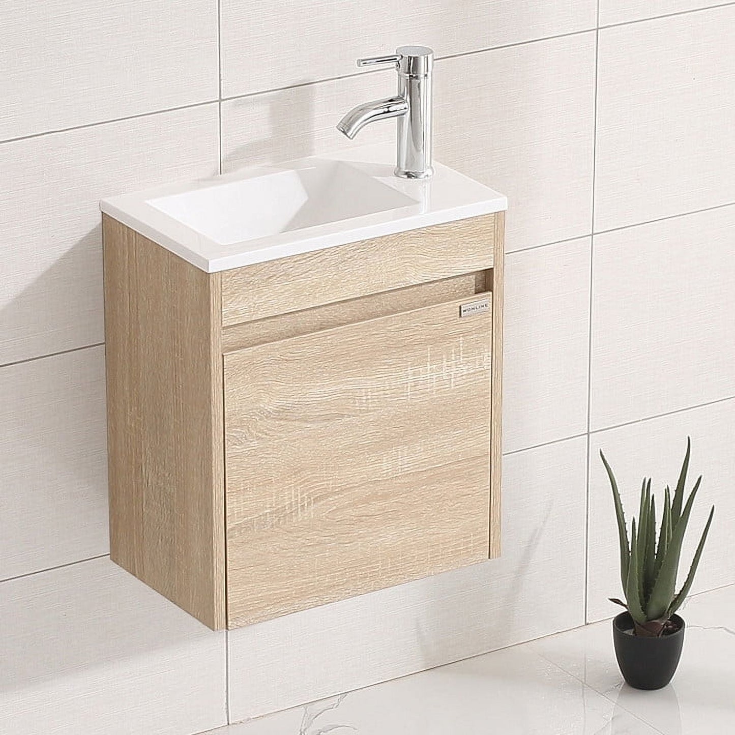 Walsport 16" Gabinete de Tocador de Baño Montado en la Pared con Lavabo,Cuenca,Grifo,Conjunto de Gabinete Montado en la Pared Diseño de Tocador de Baño para Espacio Pequeño,Beige