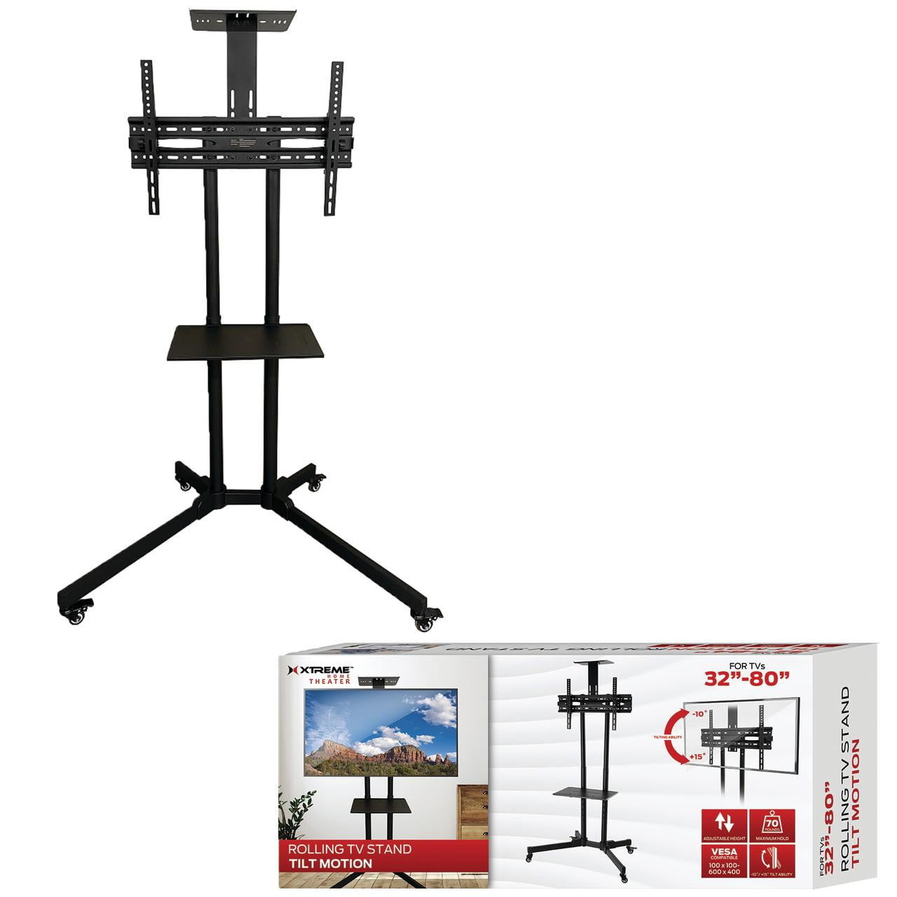 Xtreme Rolling TV Stand with Mount 32â€-80", Portable TV Stand on Wheels with Tilt Lock