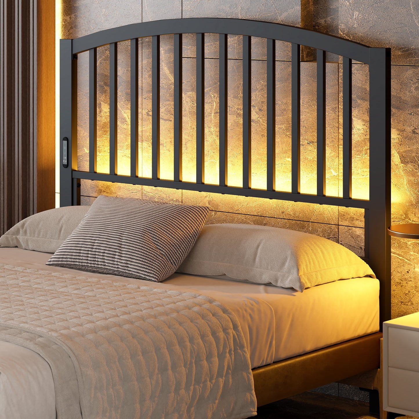 Yoneston 46.76†High Arc Metal Full Size Headboard with LED Light & Charging, Height Adjustable Metal Platform Bed Headboard – Black