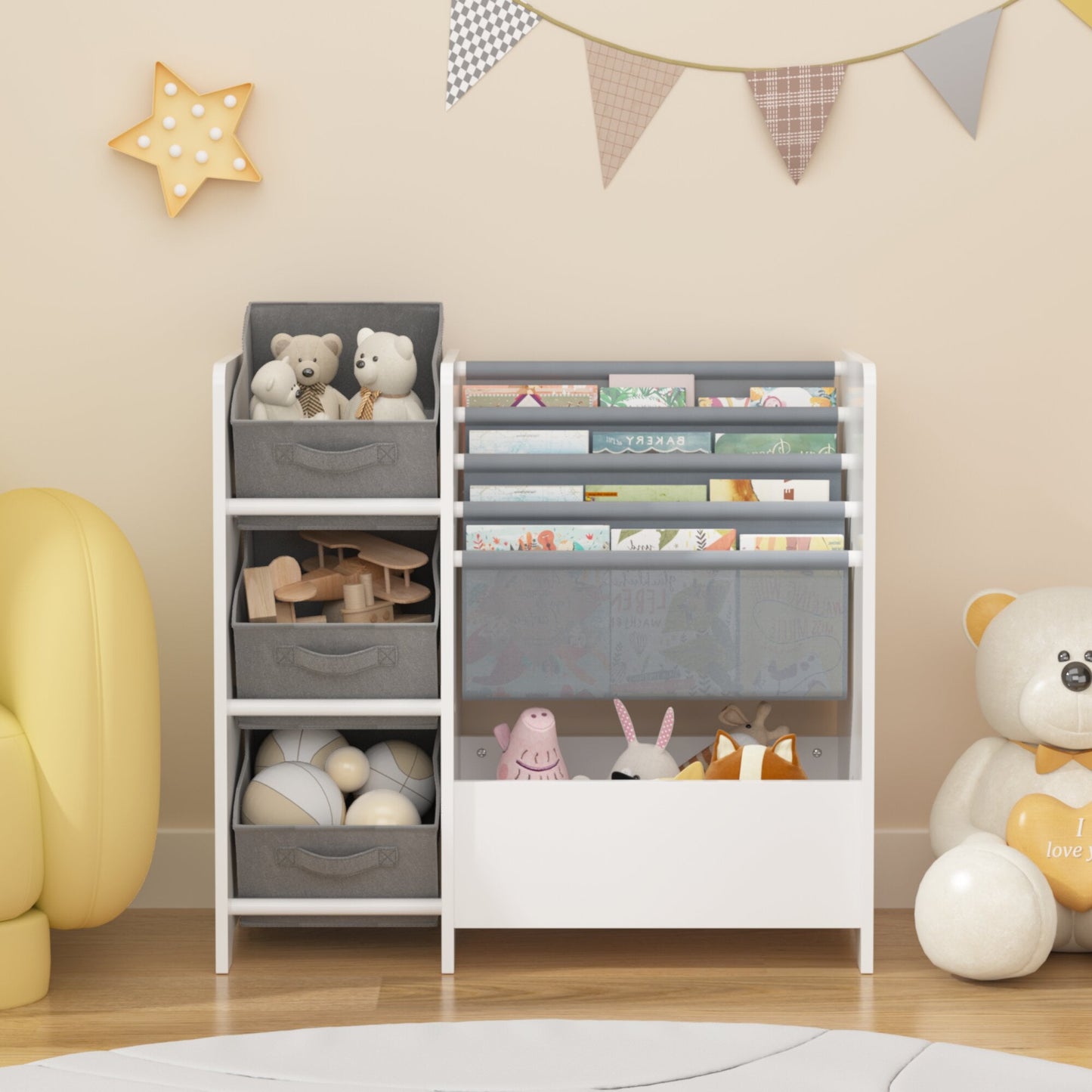 Yoneston Kids Bookshelf and Toy Storage Organizer, Multifunctional 4 Tier Kids Bookcase with 3 Collapsible Fabric Drawers for Children Toddler Bedroom Playroom Nursery, White