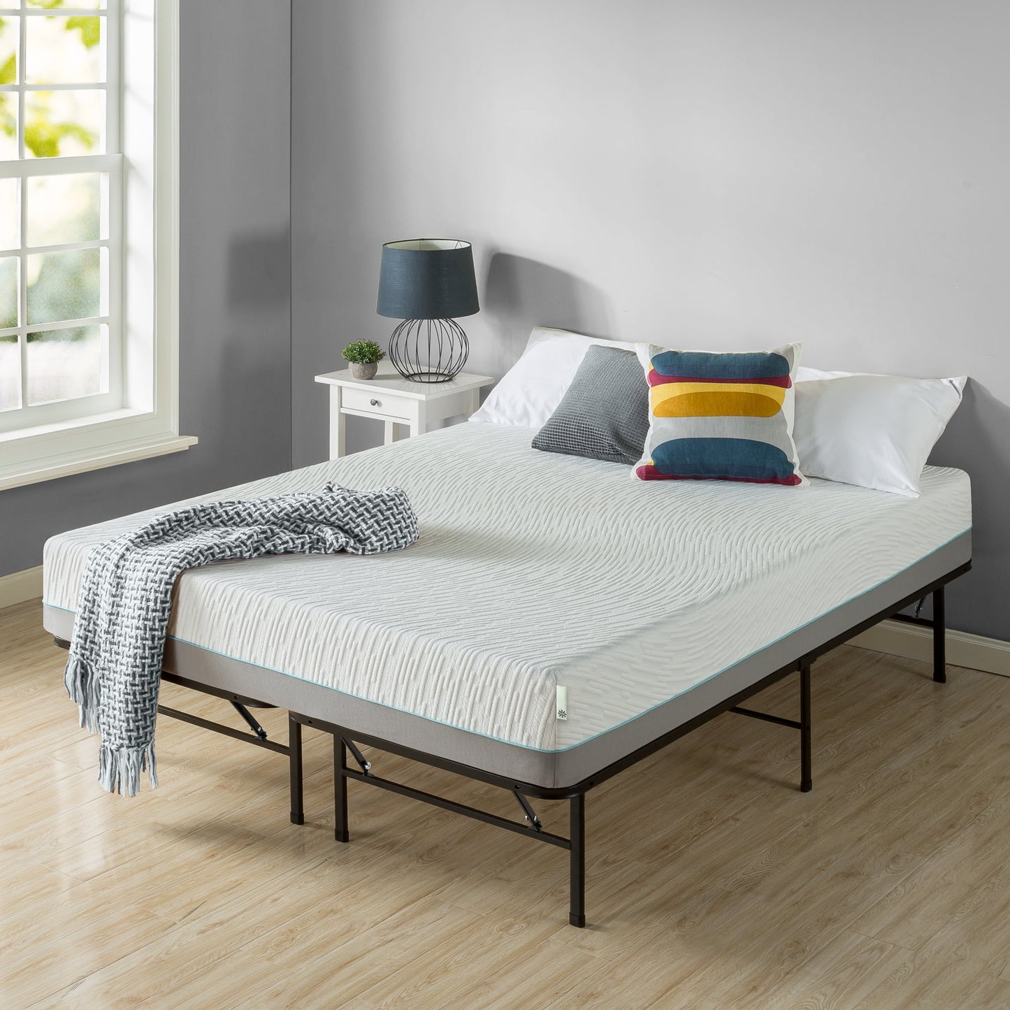 Zinus 14" White Metal SmartBase Tool-Free Assembly Bed Frame Mattress Foundation, Queen