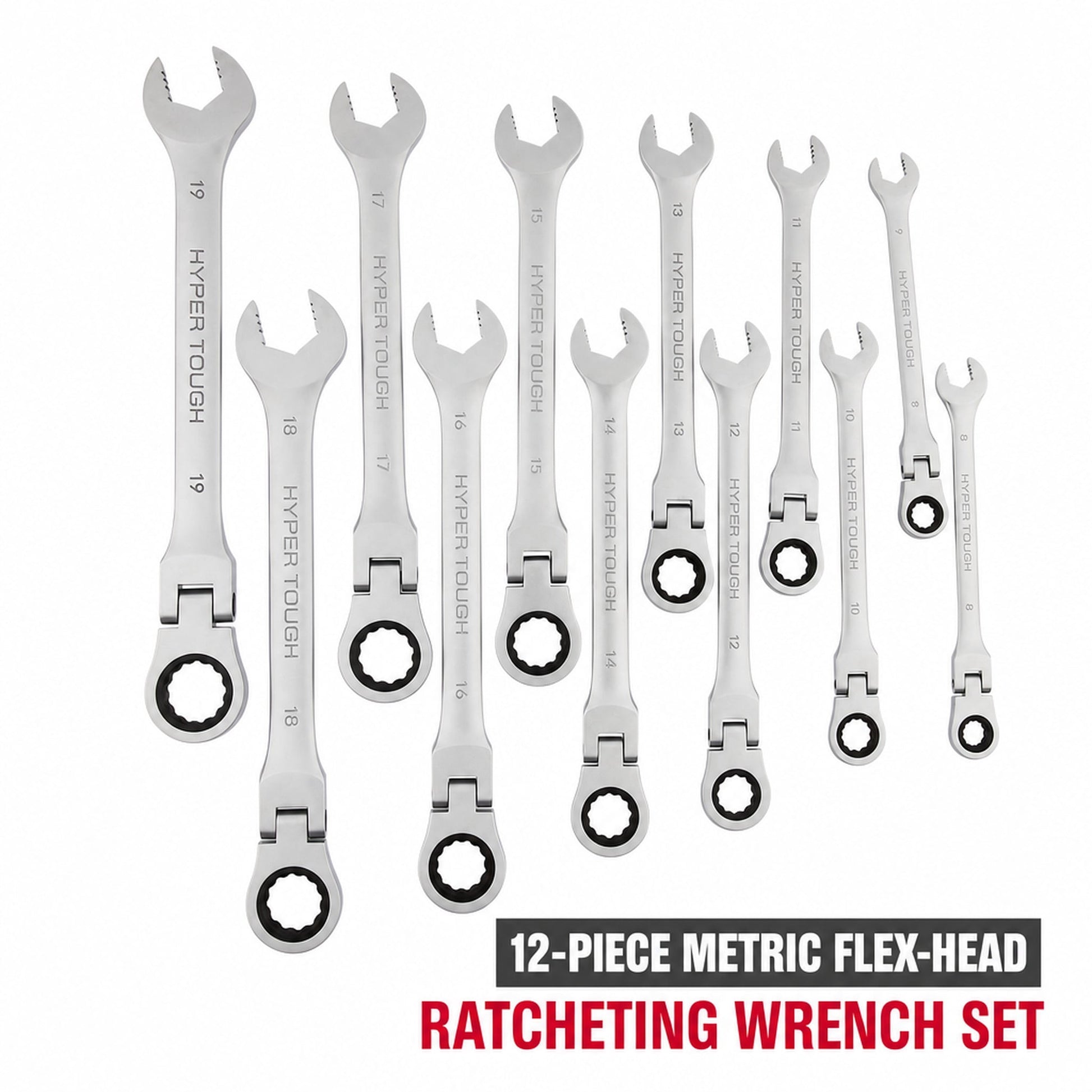 Hyper Tough Flex-Head Ratcheting Wrench Set, Metric, 12 Pieces