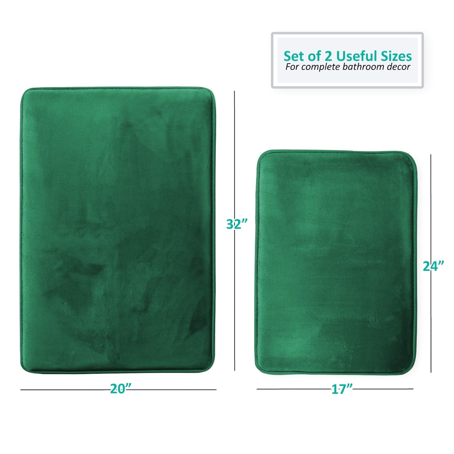 2 Piece Premium Memory Foam Bathroom Mat Set 17x24 and 20x32 inch Bath Rugs, Green