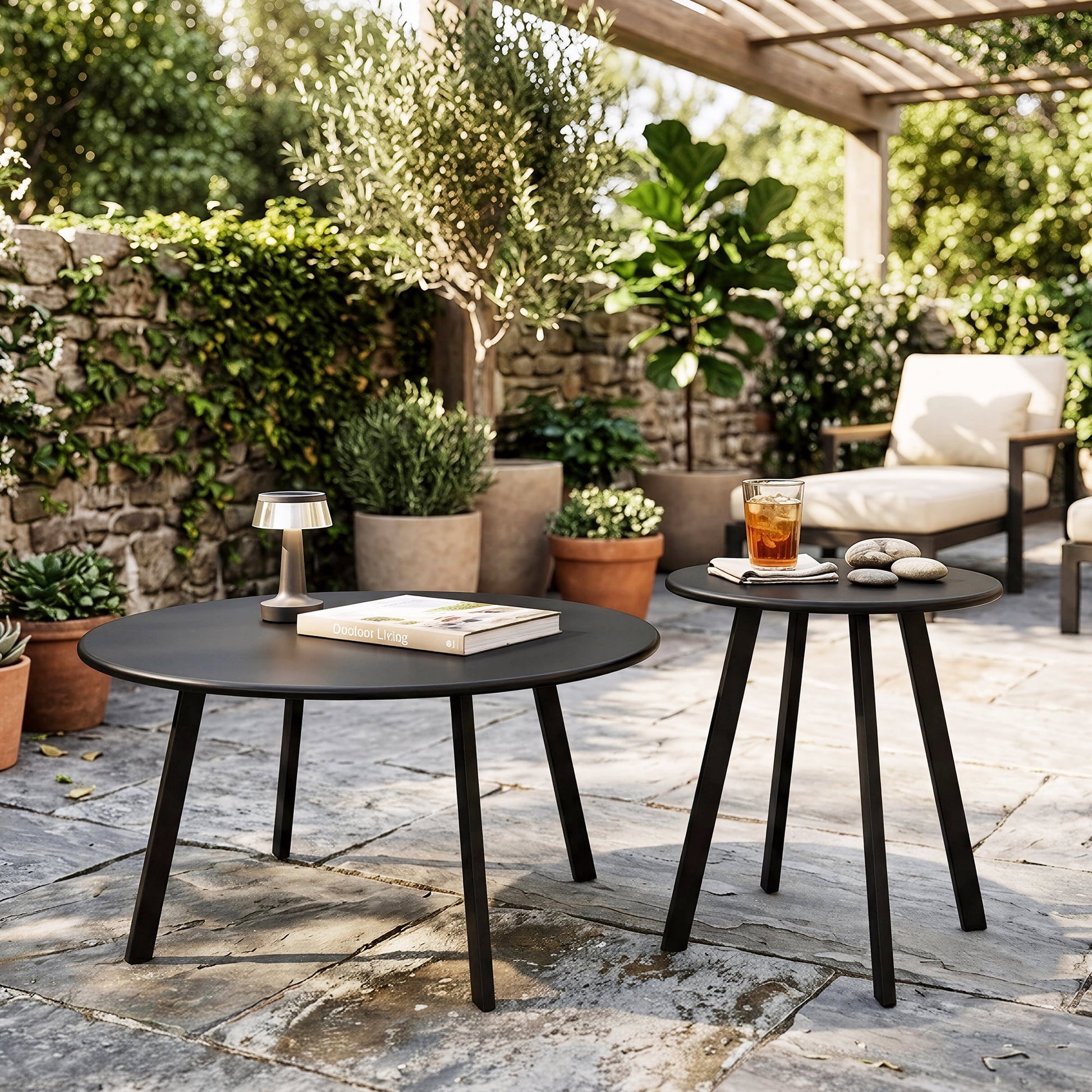 2-Piece Round Nesting Coffee Table Set, Modern Black Metal Side End Tables, Space-Saving Accent Table for Living Room Bedroom Balcony Patio, Indoor Outdoor Use