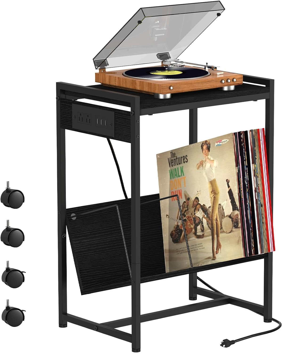 2-Tier End Table Record Player Stand with Charging Station and Vinyl Storage Shelf, Black