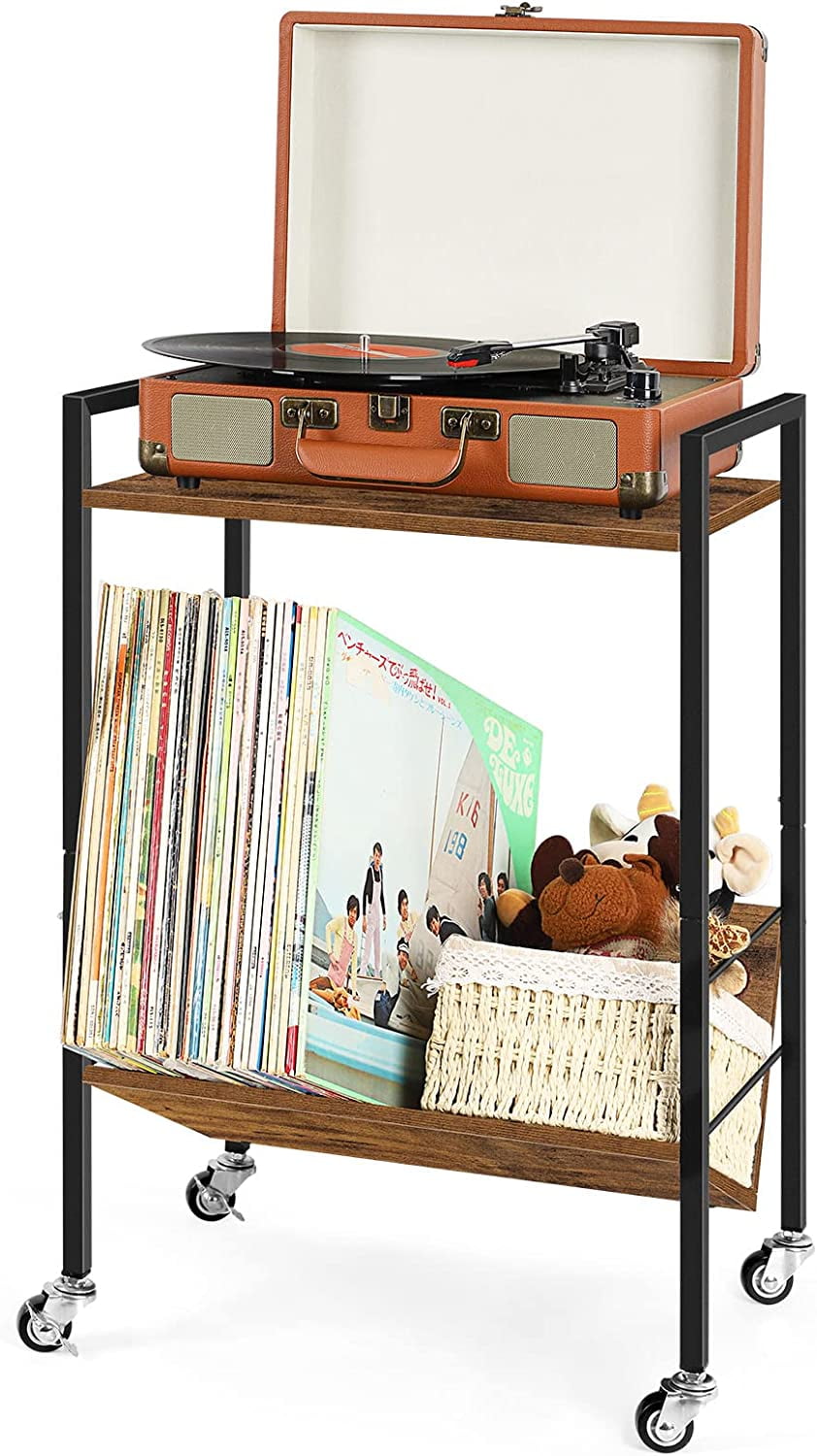 2 Tier Record Player Stand End Table with Vinyl Storage Shelf, Brown