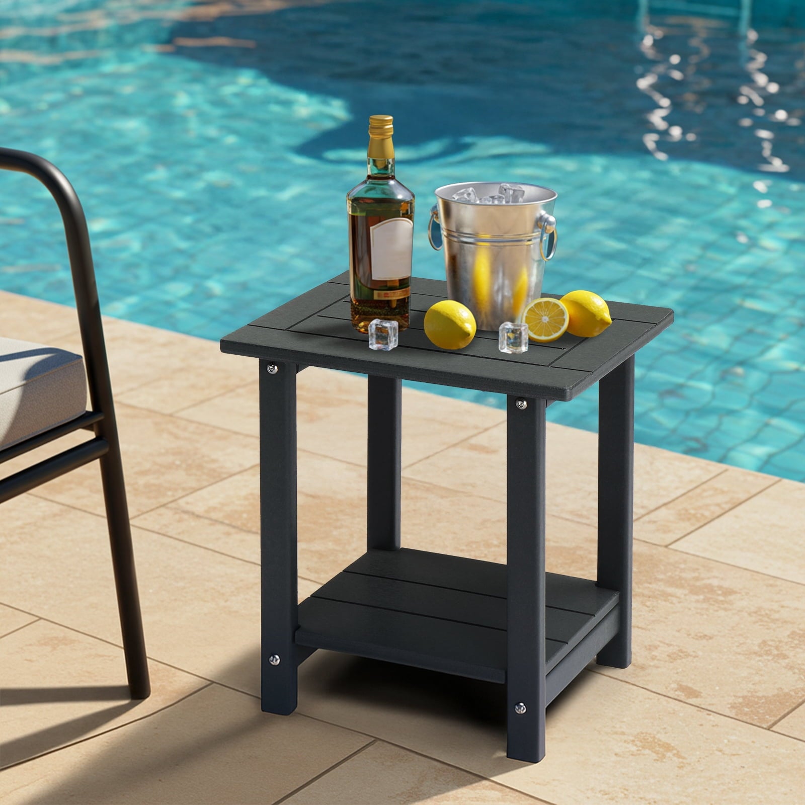 2-Tier Round HDPE Outdoor Side Table Weather Resistant Patio End Table Dark Gray Porch Balcony Storage Side Table
