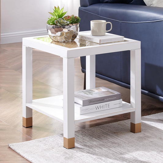 2-Tier Square Tempered Glass End Side Table with Metal Frame, Modern Mesh Decor Nightstand for Living Room Bedroom Office